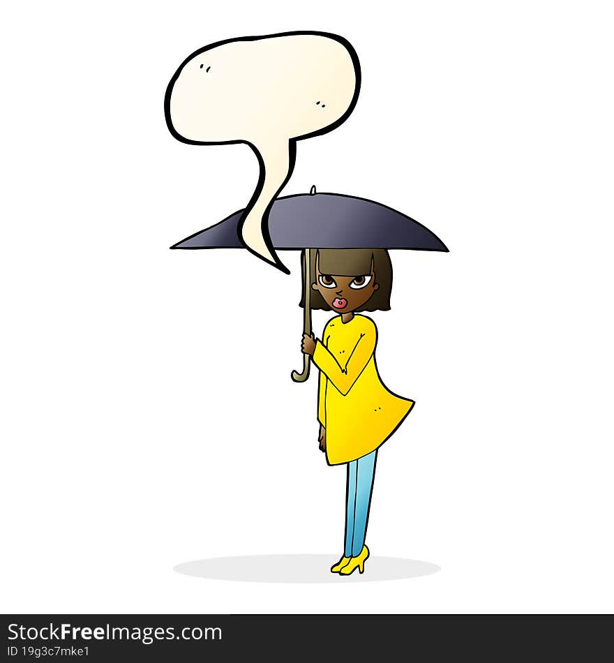 cartoon woman with umbrella with speech bubble