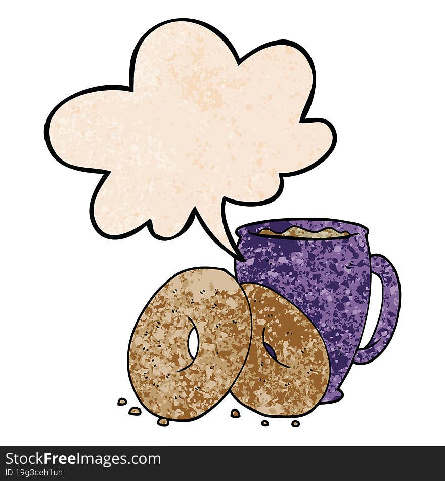 cartoon coffee and donuts and speech bubble in retro texture style