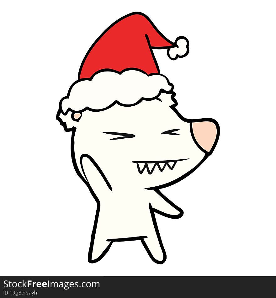 angry polar bear line drawing of a wearing santa hat