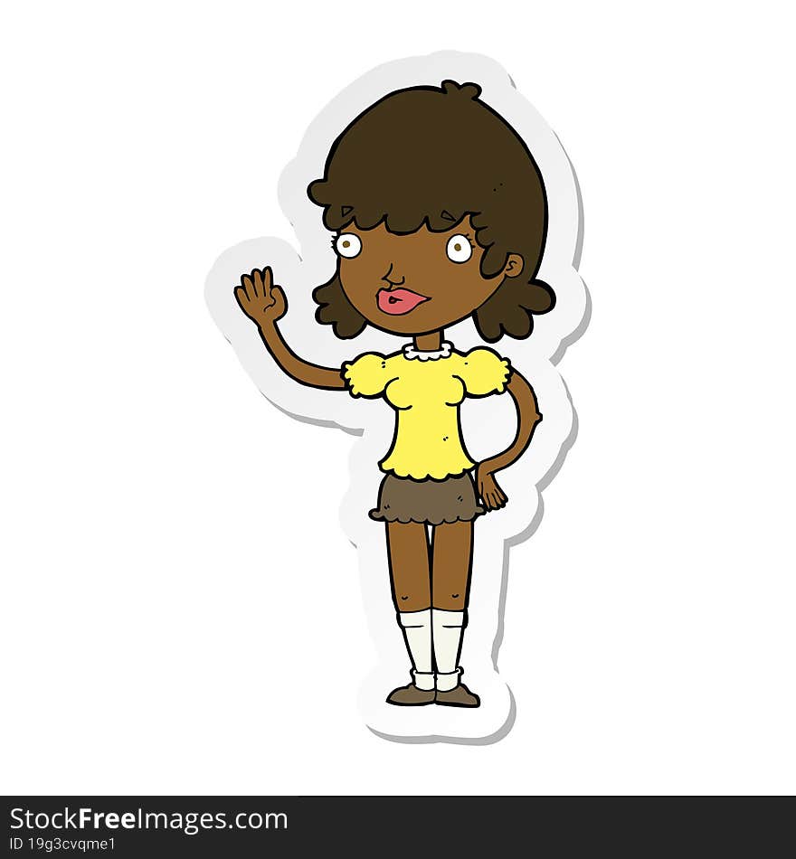 Sticker Of A Cartoon Waving Woman