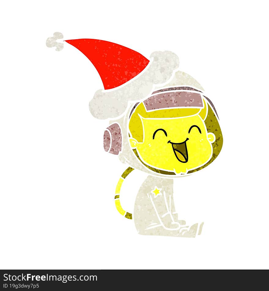 happy retro cartoon of a astronaut wearing santa hat