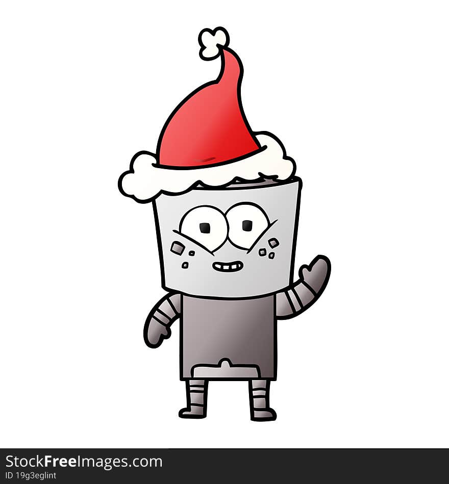 happy hand drawn gradient cartoon of a robot waving hello wearing santa hat