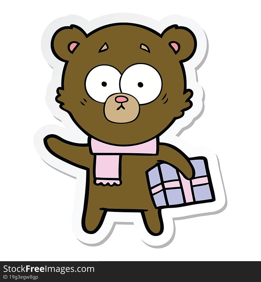 Sticker Of A Nervous Christmas Bear Cartoon