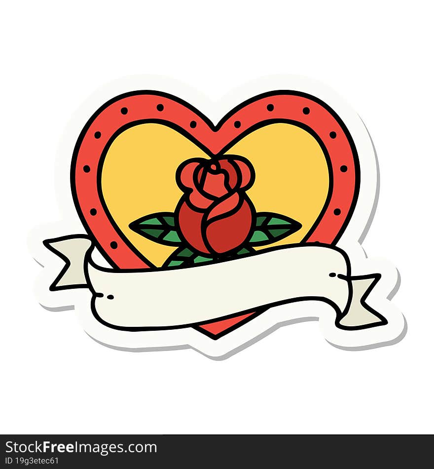 sticker of tattoo in traditional style of a heart rose and banner. sticker of tattoo in traditional style of a heart rose and banner