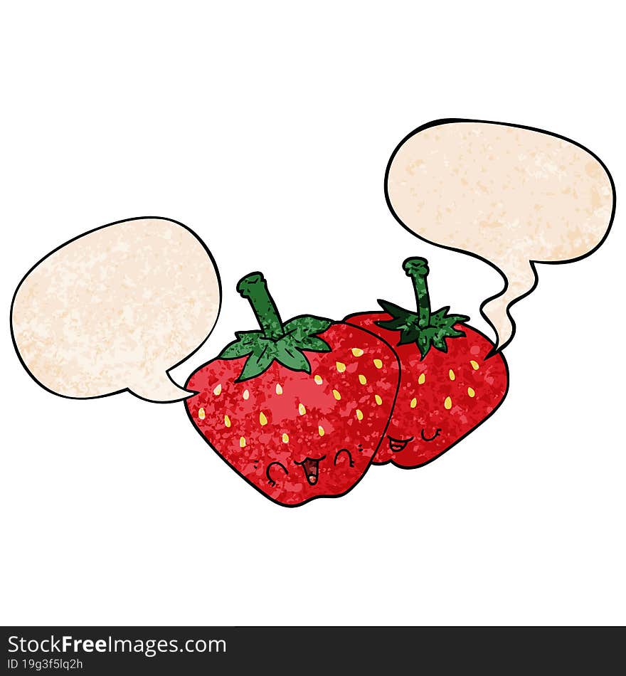 Cartoon Strawberries And Speech Bubble In Retro Texture Style