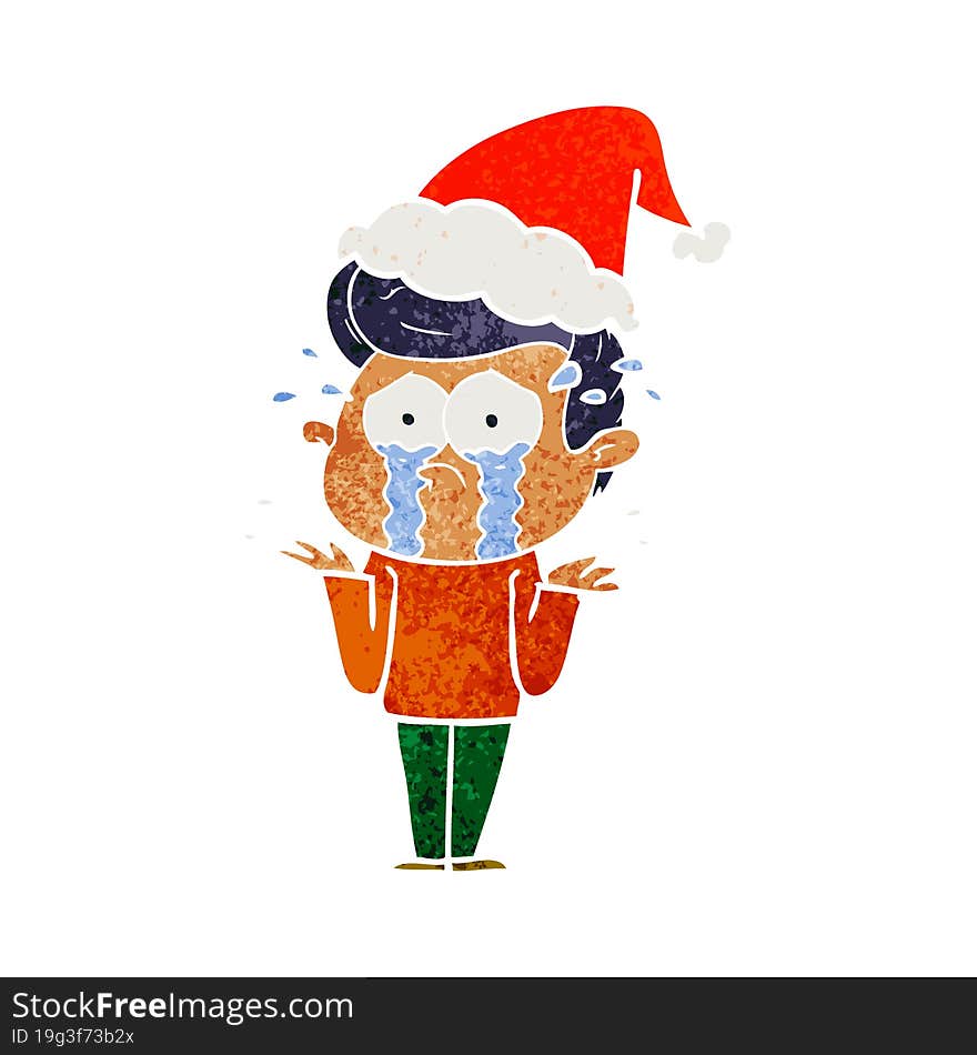 retro cartoon of a crying man wearing santa hat