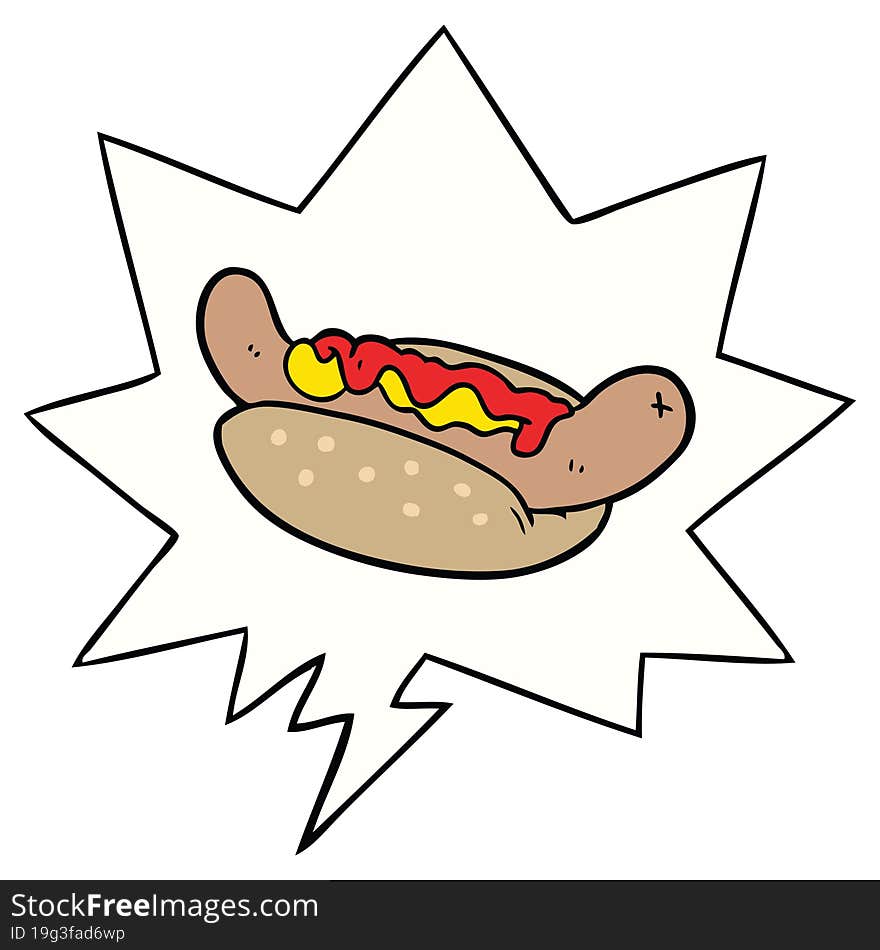 Cartoon Fresh Tasty Hot Dog And Speech Bubble