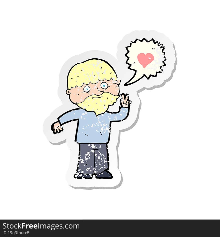 retro distressed sticker of a cartoon man talking about love