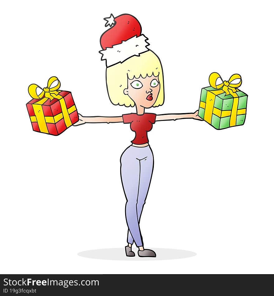 cartoon woman with xmas presents