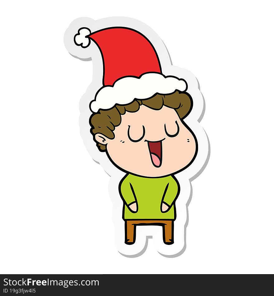 laughing hand drawn sticker cartoon of a man wearing santa hat. laughing hand drawn sticker cartoon of a man wearing santa hat