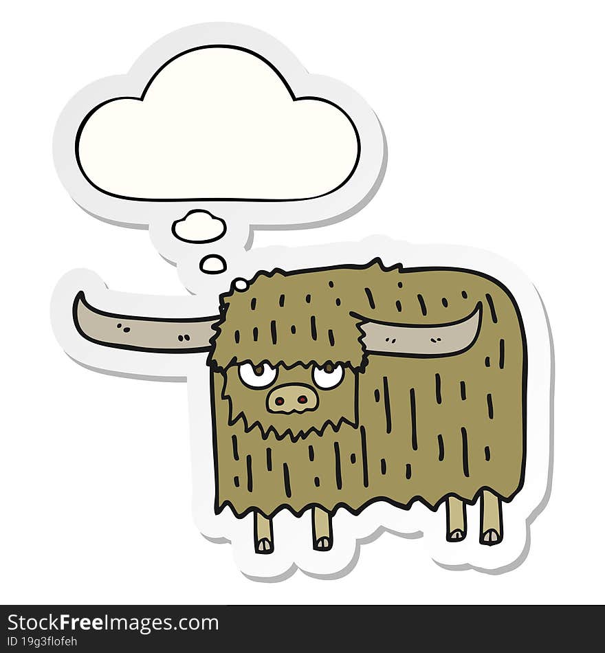 cartoon hairy cow and thought bubble as a printed sticker