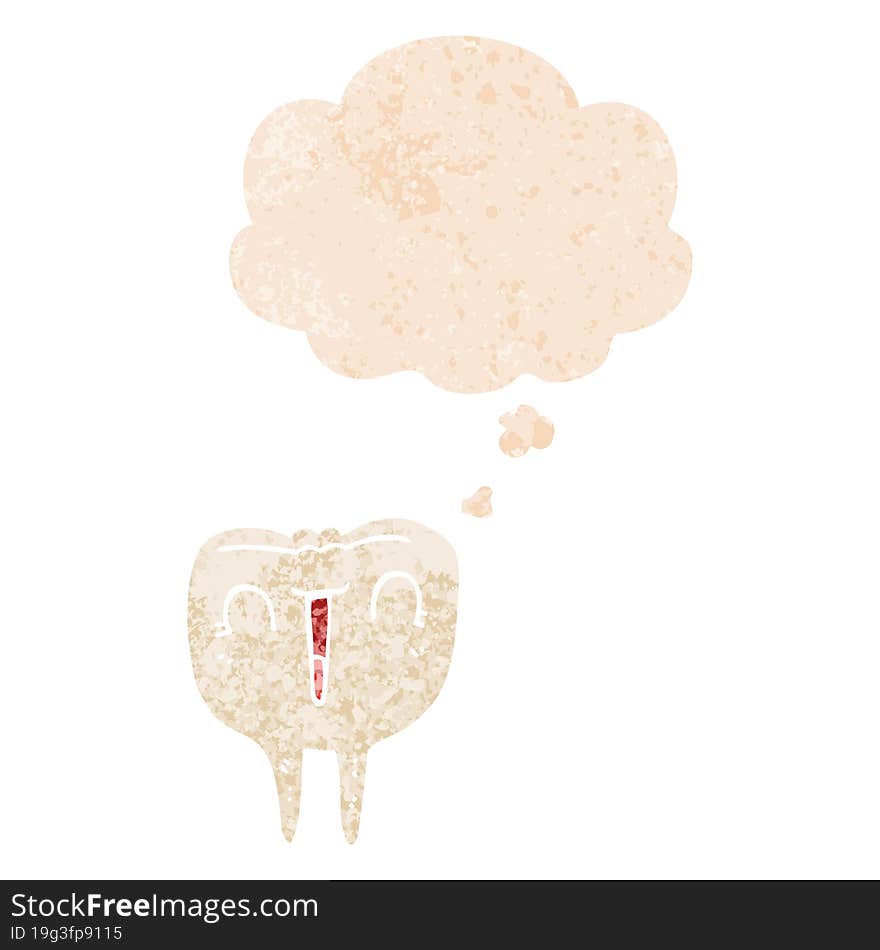 cartoon happy tooth and thought bubble in retro textured style