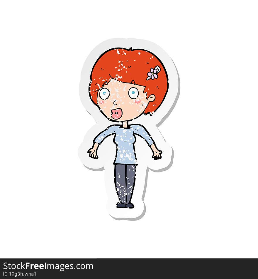 retro distressed sticker of a cartoon shocked woman