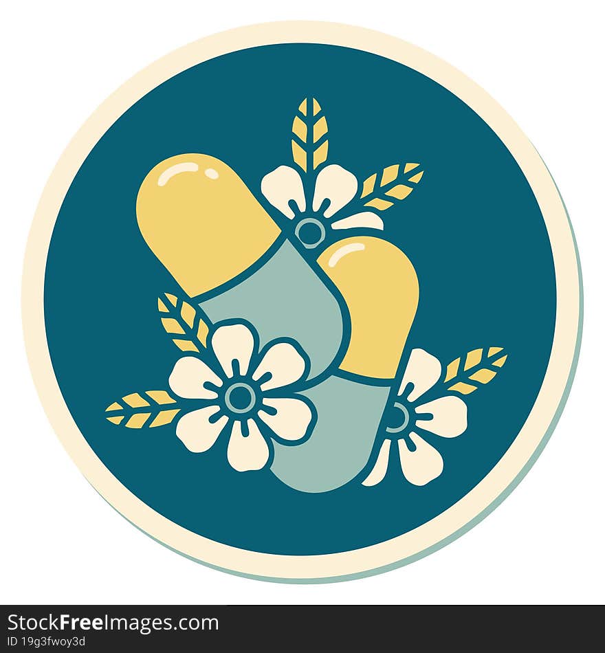 tattoo style sticker of pills and flowers