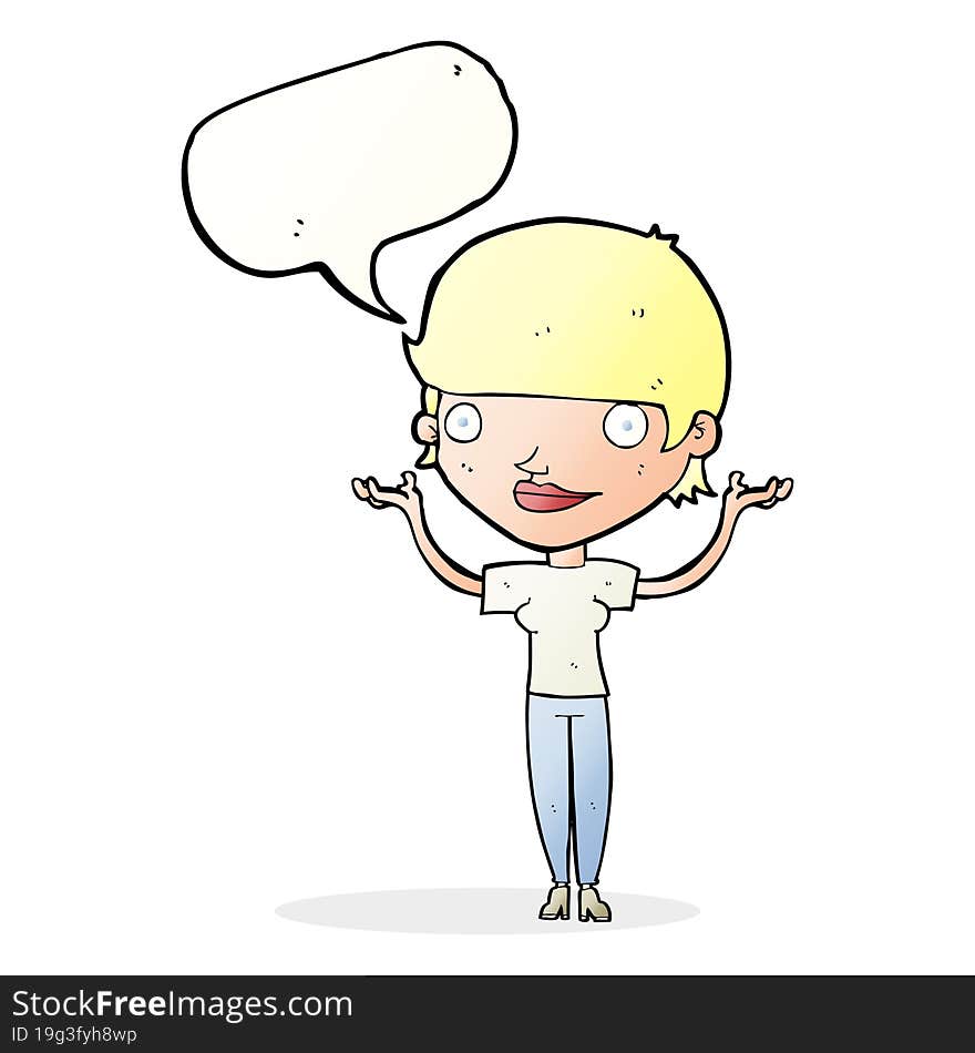 Cartoon Woman Holding Arms In Air With Speech Bubble