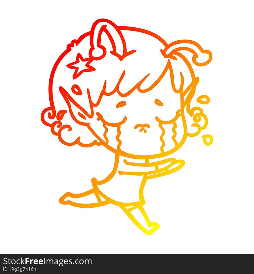 Warm Gradient Line Drawing Cartoon Crying Alien Girl