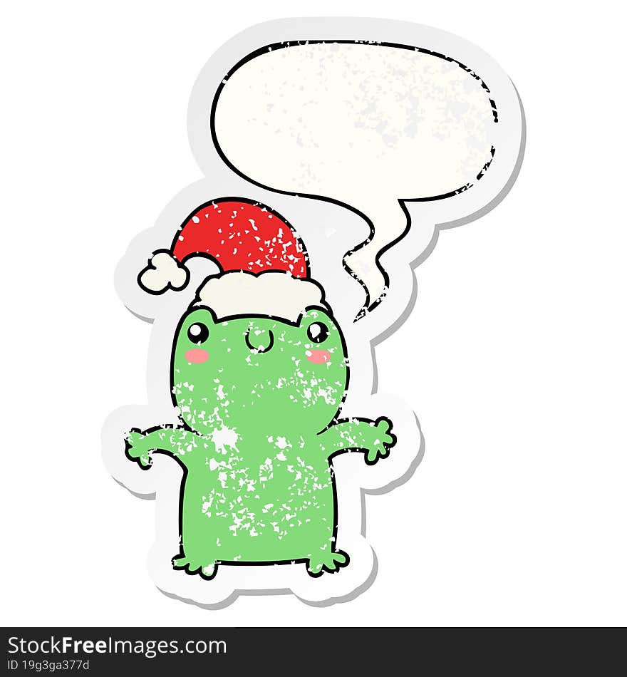 cute cartoon frog wearing christmas hat and speech bubble distressed sticker