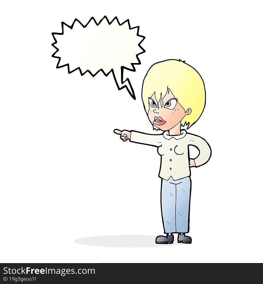 cartoon woman accusing with speech bubble