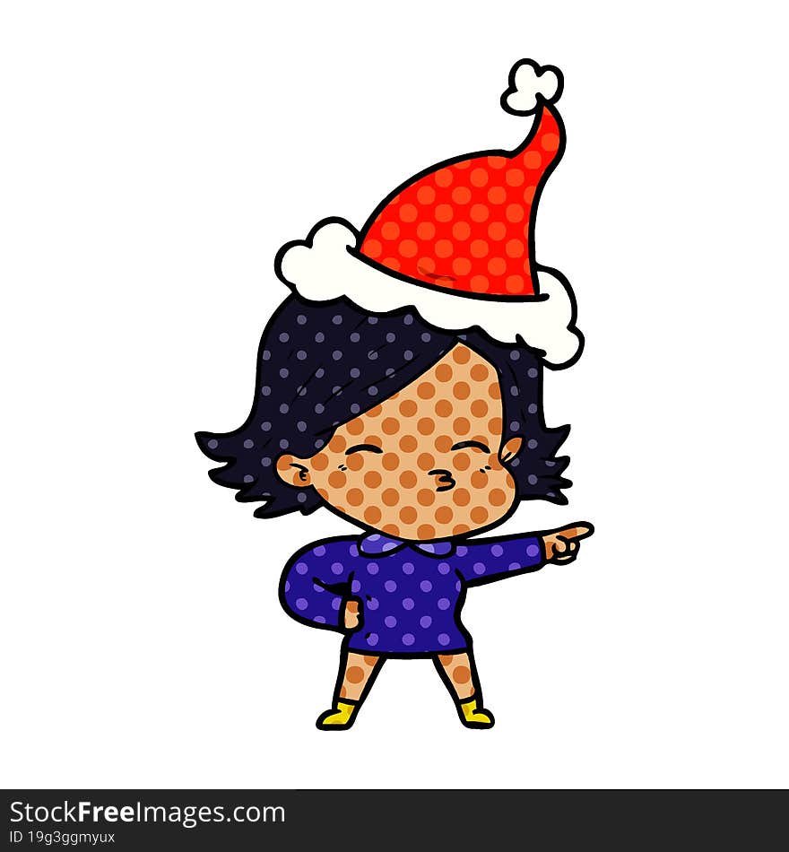 Comic Book Style Illustration Of A Woman Pointing Wearing Santa Hat