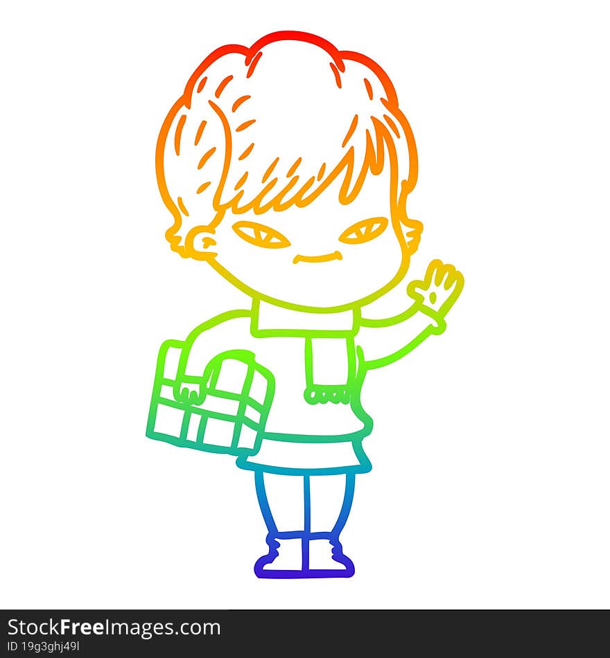 rainbow gradient line drawing of a cartoon happy woman