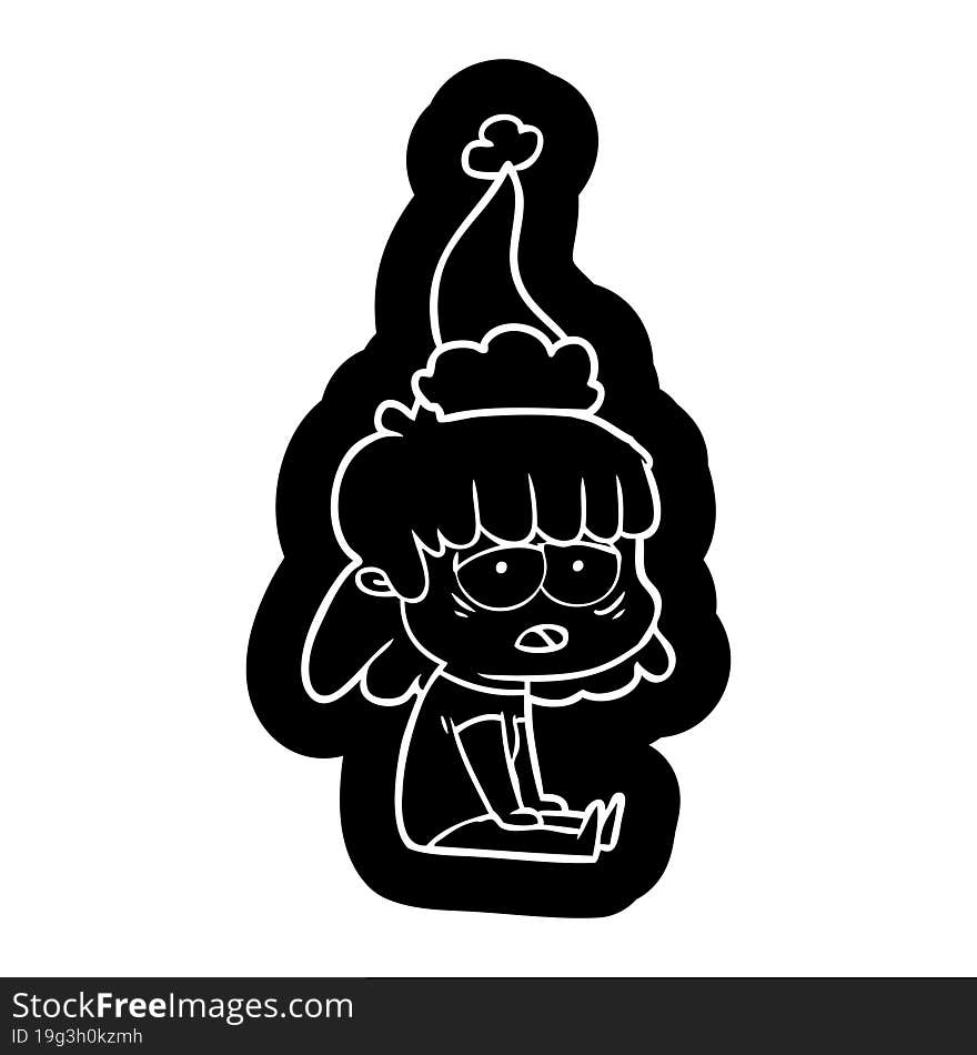 cartoon icon of a tired woman wearing santa hat