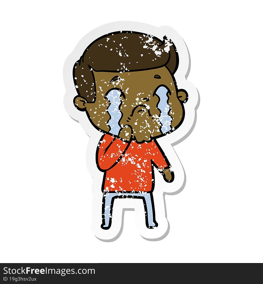 distressed sticker of a cartoon man crying