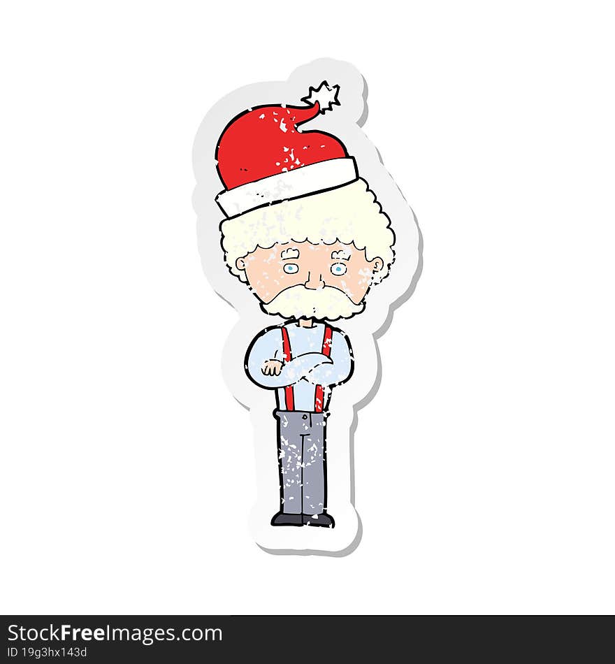 retro distressed sticker of a cartoon old man in christmas hat