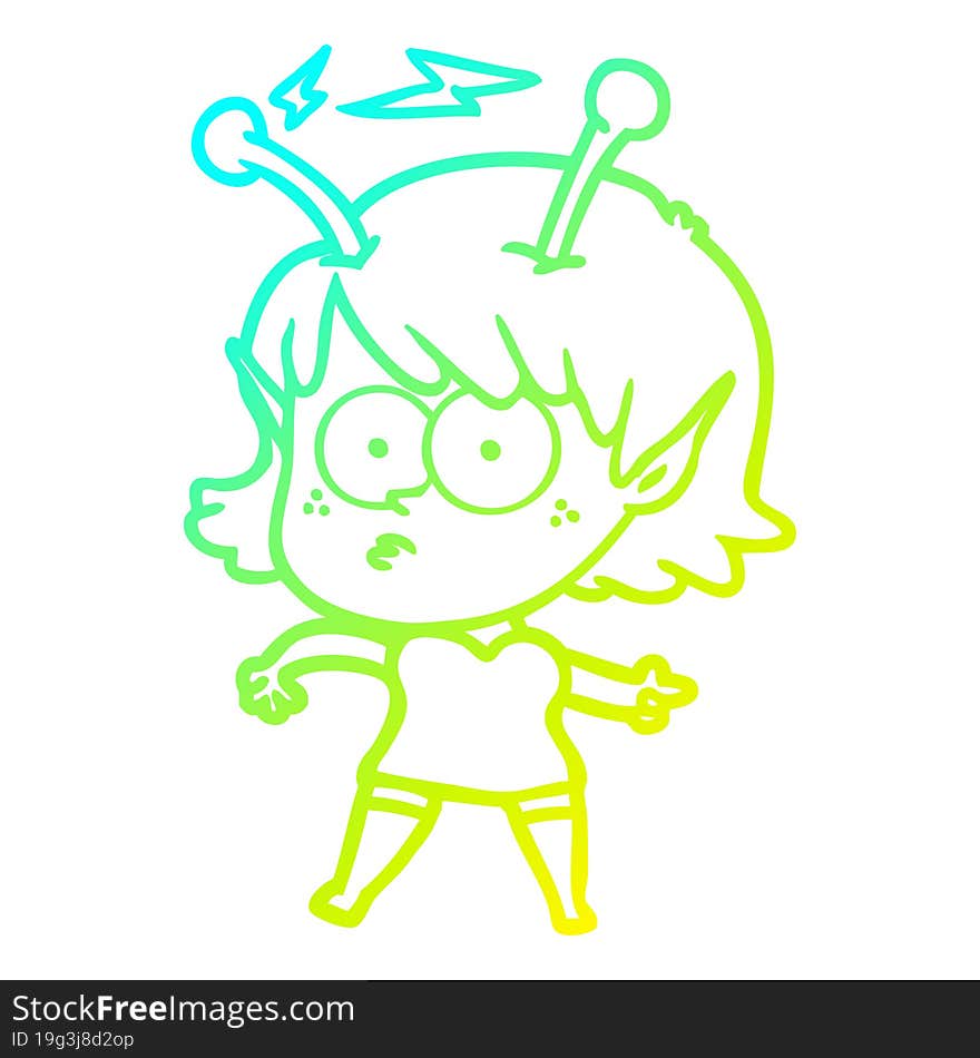 cold gradient line drawing of a cartoon alien girl