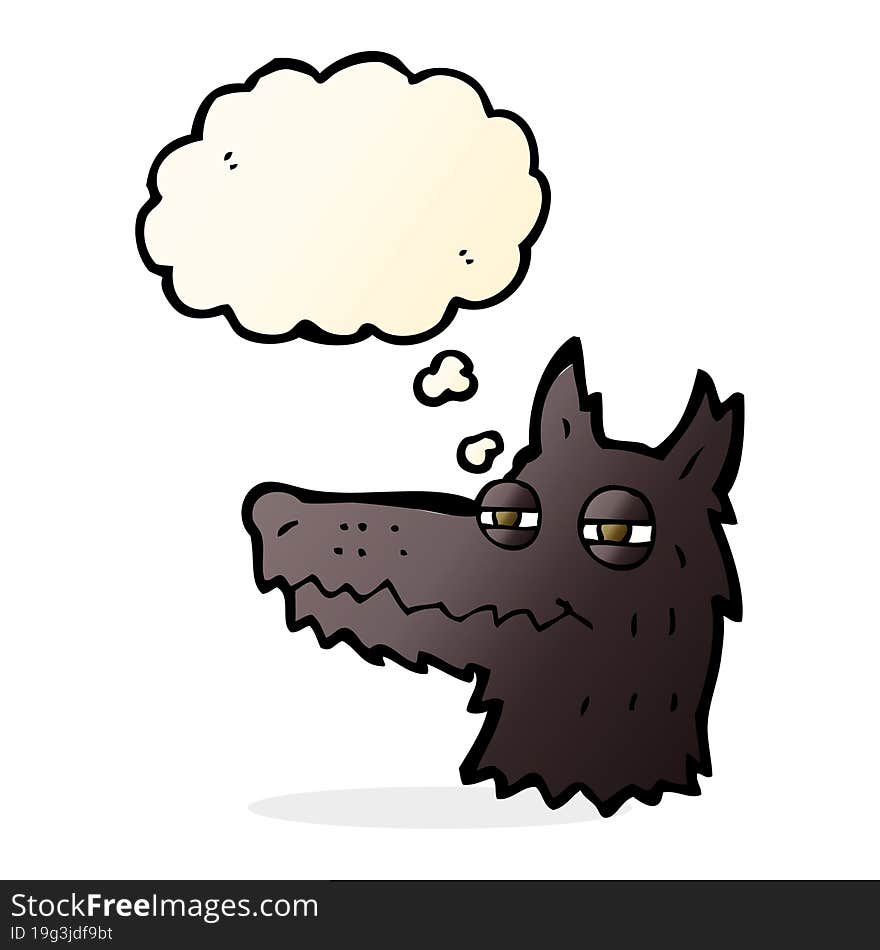 cartoon smug wolf face with thought bubble