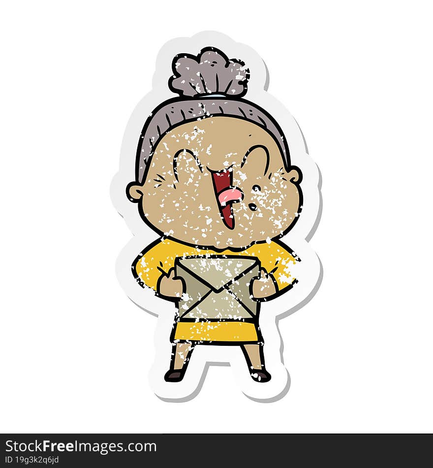 distressed sticker of a cartoon happy old woman