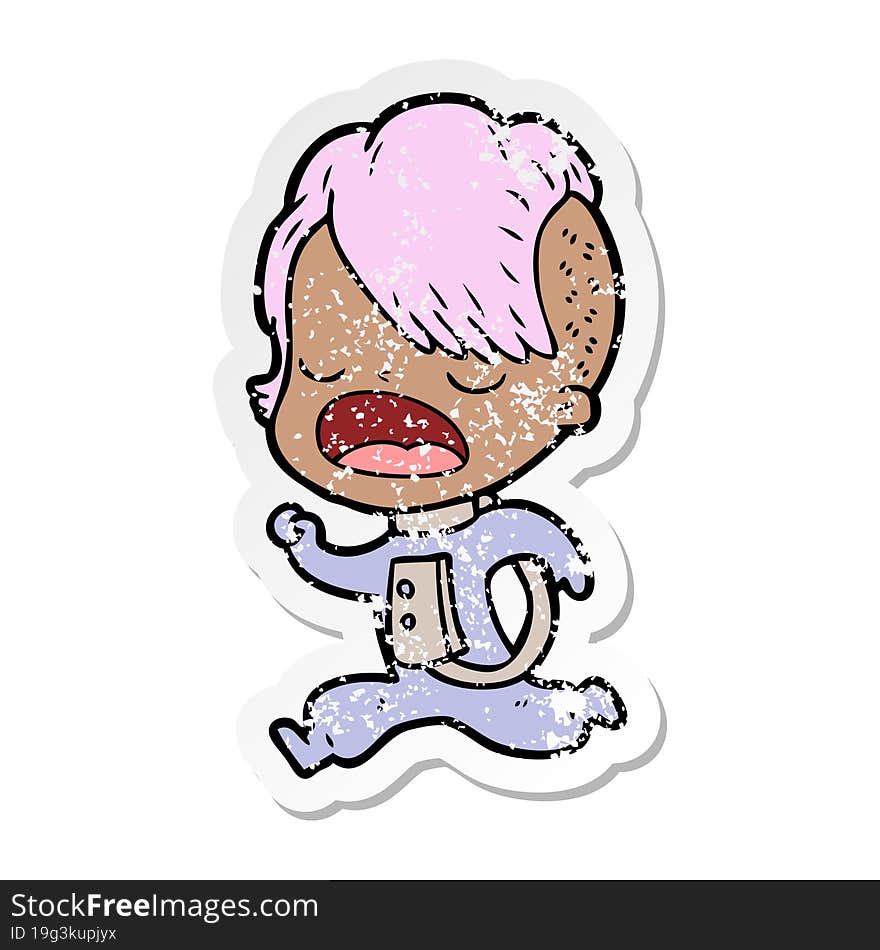 Distressed Sticker Of A Cartoon Cool Hipster Girl In Space Suit