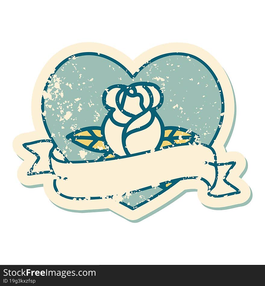 distressed sticker tattoo style icon of a heart rose and banner