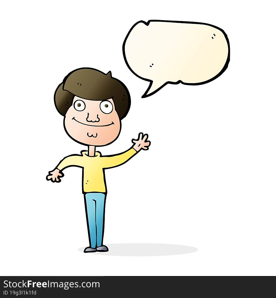 cartoon happy man waving with speech bubble