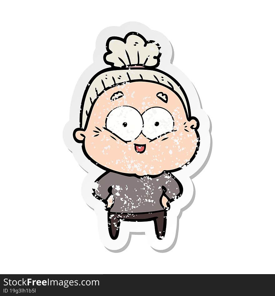 distressed sticker of a cartoon happy old woman