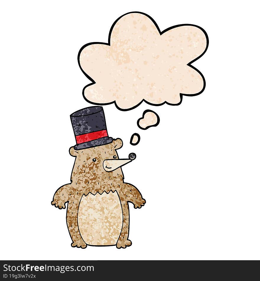 cartoon bear in top hat and thought bubble in grunge texture pattern style