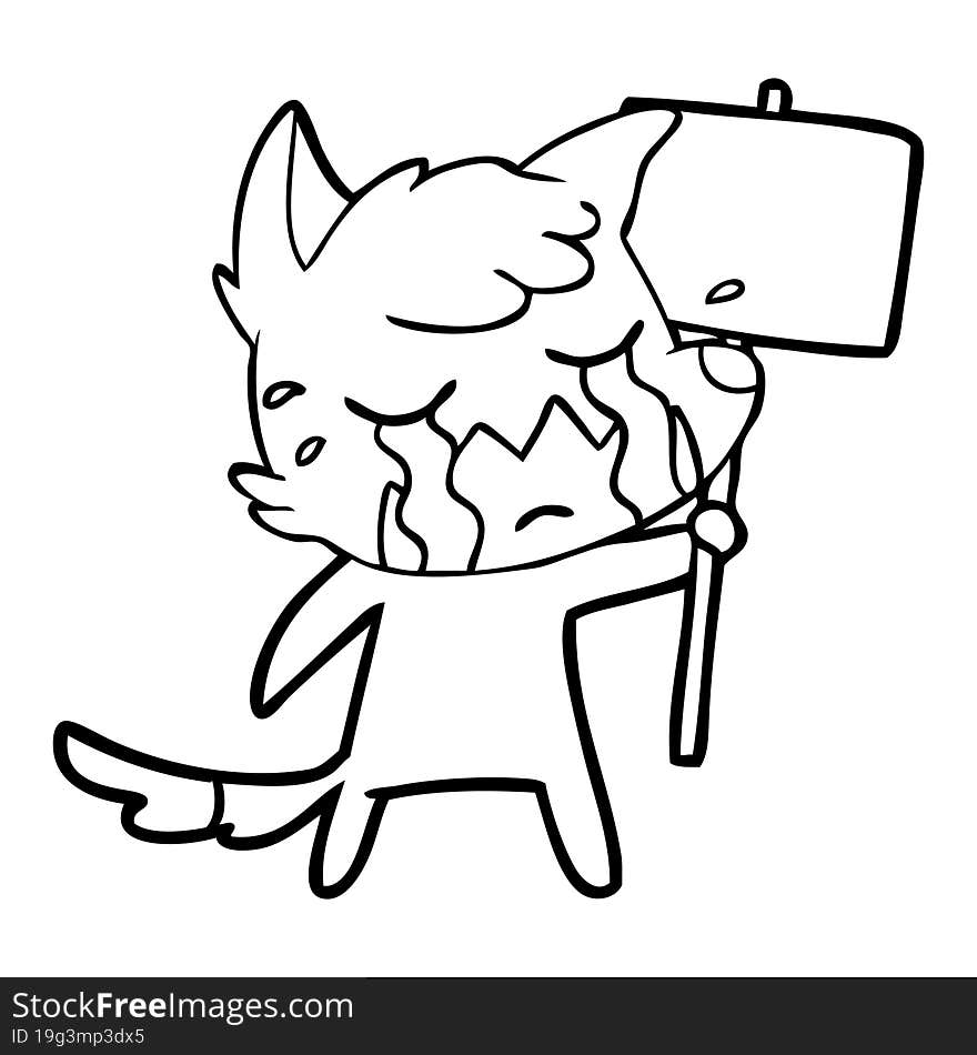 crying fox cartoon with placard. crying fox cartoon with placard