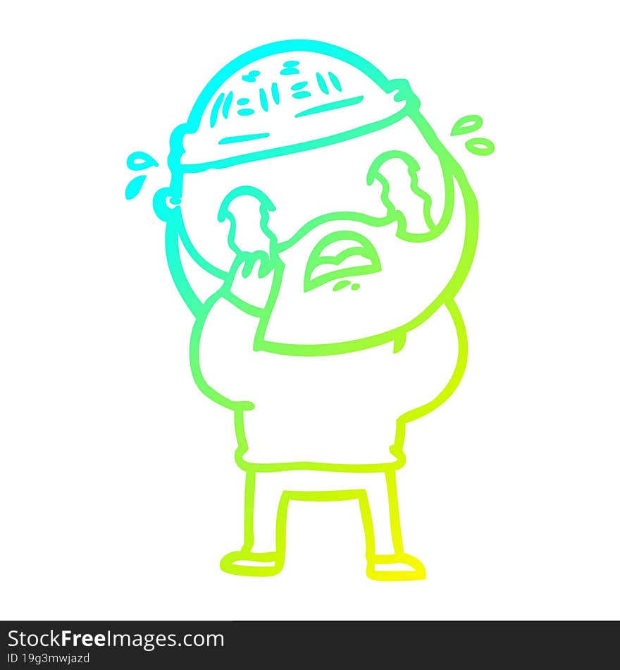 Cold Gradient Line Drawing Cartoon Bearded Man Crying