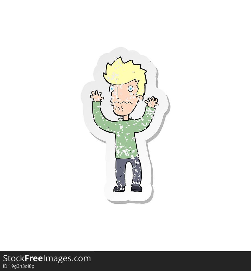 retro distressed sticker of a cartoon frightened man