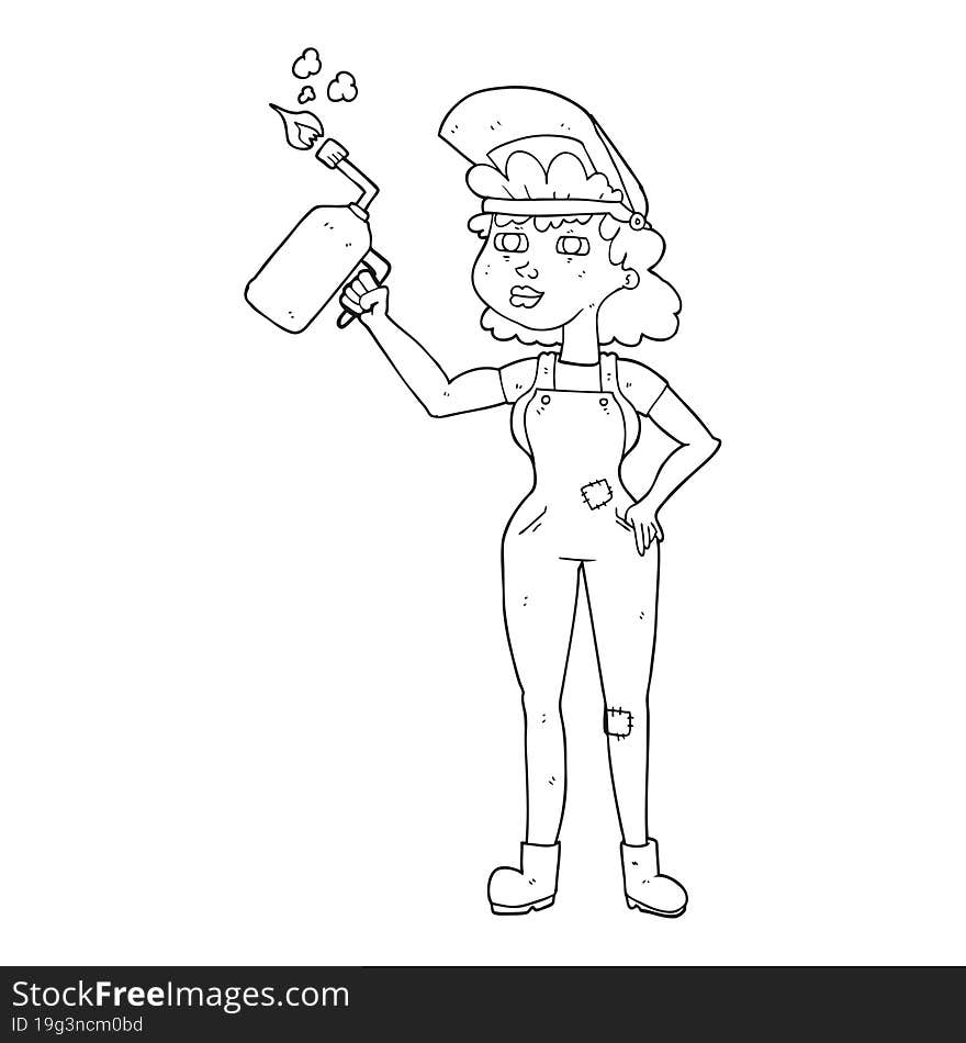 black and white cartoon woman welding