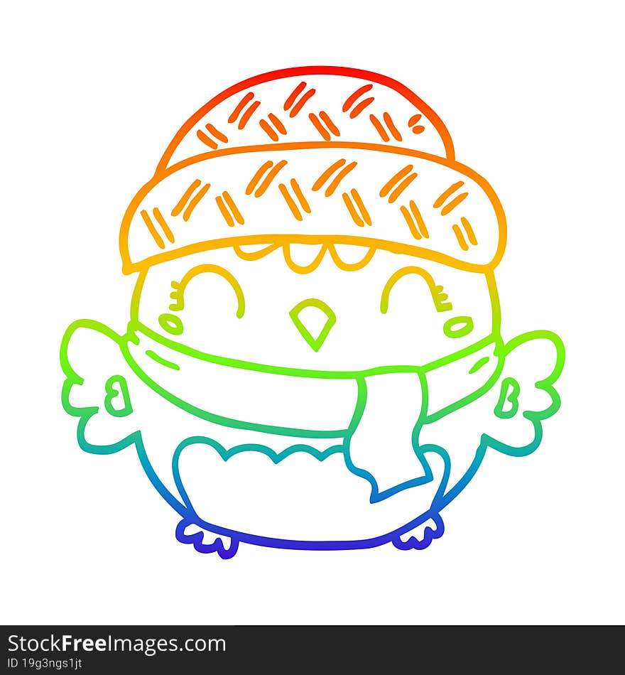 rainbow gradient line drawing cute cartoon owl in hat