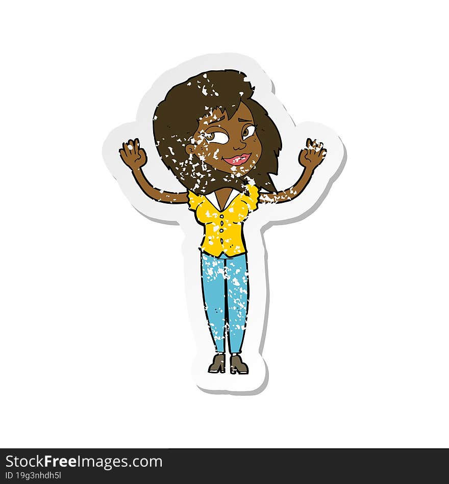 retro distressed sticker of a cartoon woman giving up