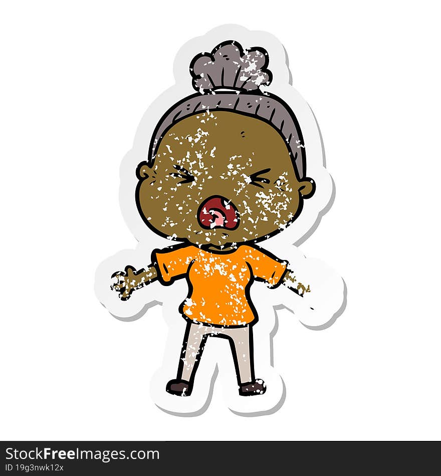 distressed sticker of a cartoon angry old woman