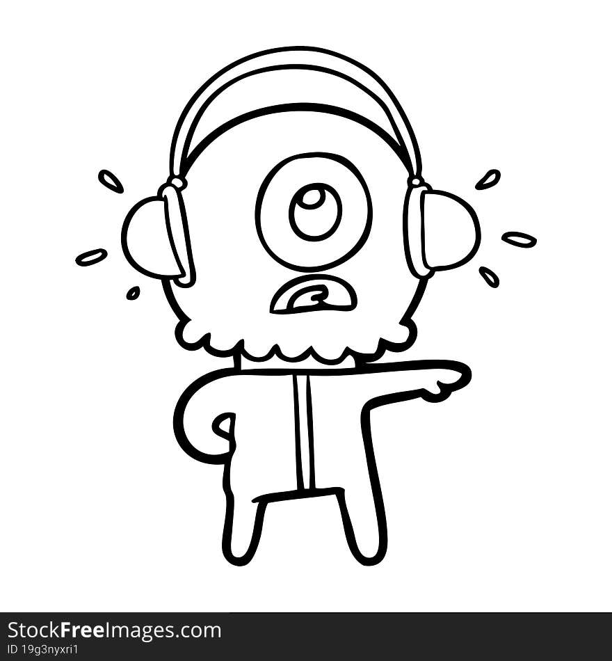 cartoon cyclops alien spaceman listening to music. cartoon cyclops alien spaceman listening to music