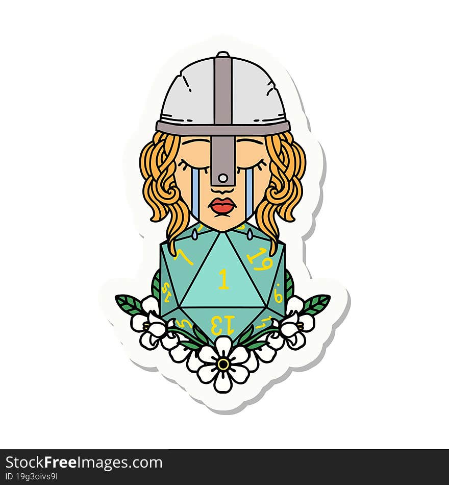 sticker of a crying human fighter with natural one D20 roll. sticker of a crying human fighter with natural one D20 roll