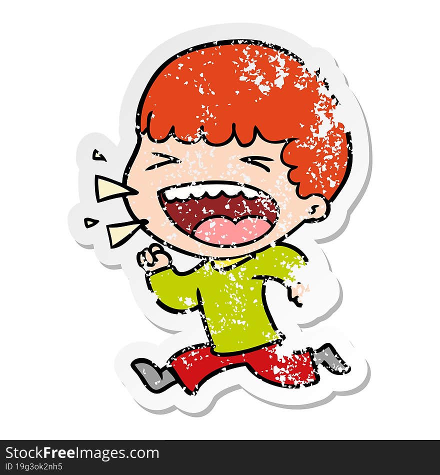 Distressed Sticker Of A Cartoon Laughing Man