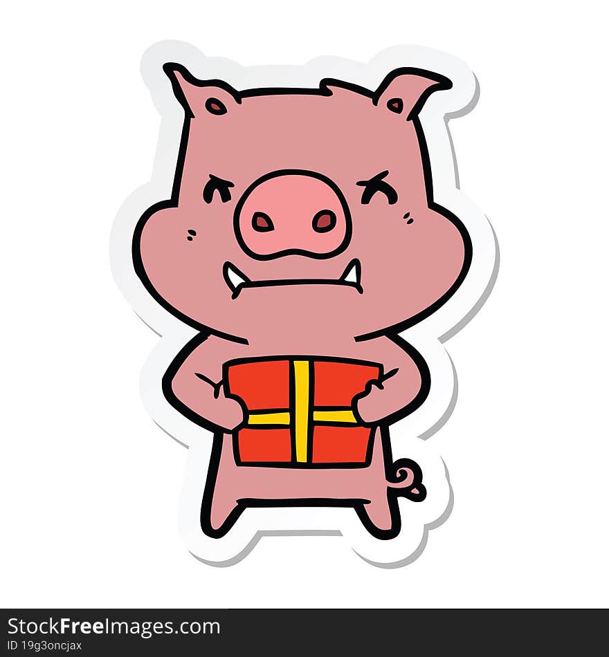 sticker of a angry cartoon pig with christmas gift