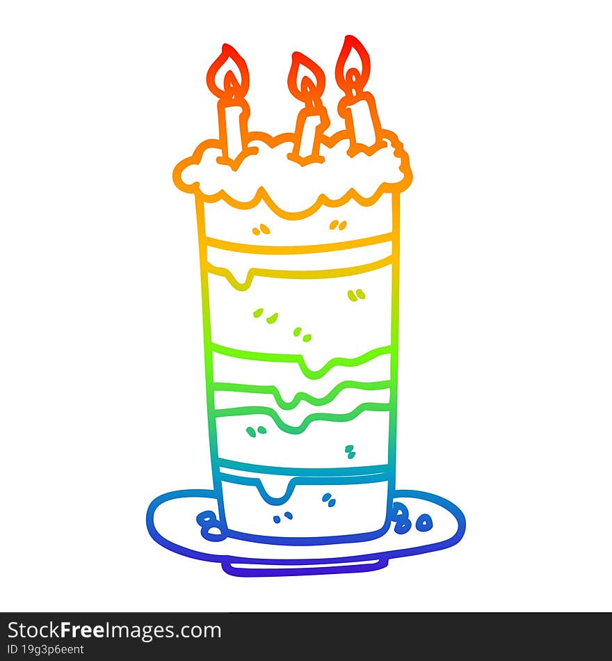 rainbow gradient line drawing of a cartoon birthday cake