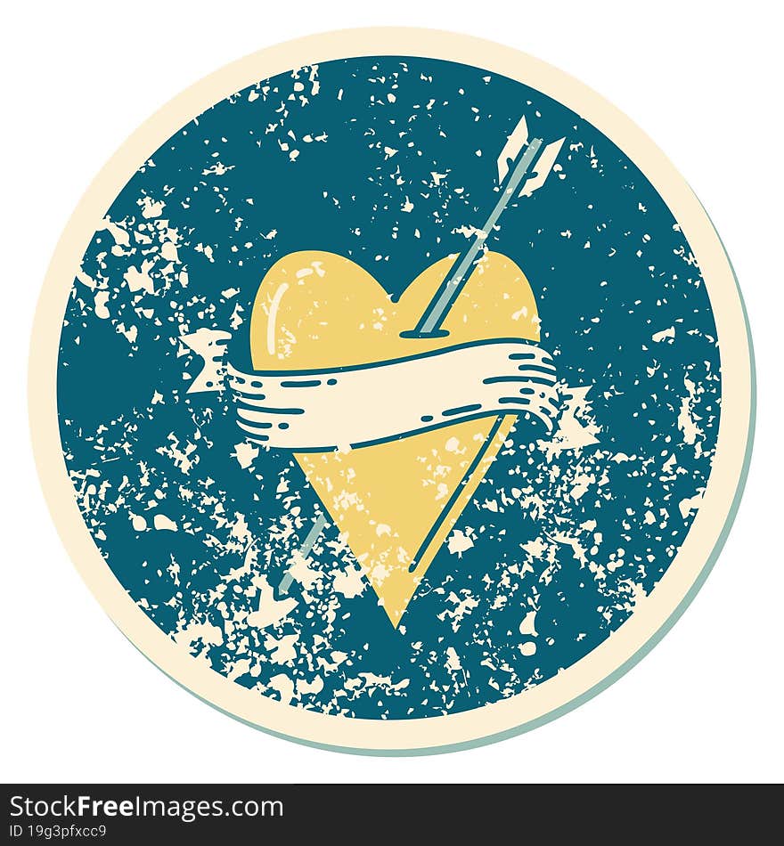 Distressed Sticker Tattoo Style Icon Of An Arrow Heart And Banner