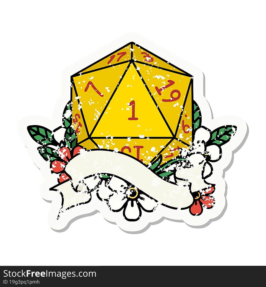 grunge sticker of a natural one d20 dice roll. grunge sticker of a natural one d20 dice roll