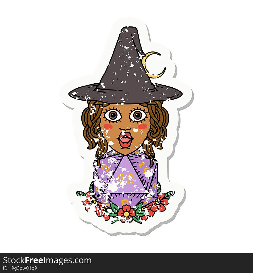 Retro Tattoo Style human witch with natural twenty dice roll. Retro Tattoo Style human witch with natural twenty dice roll